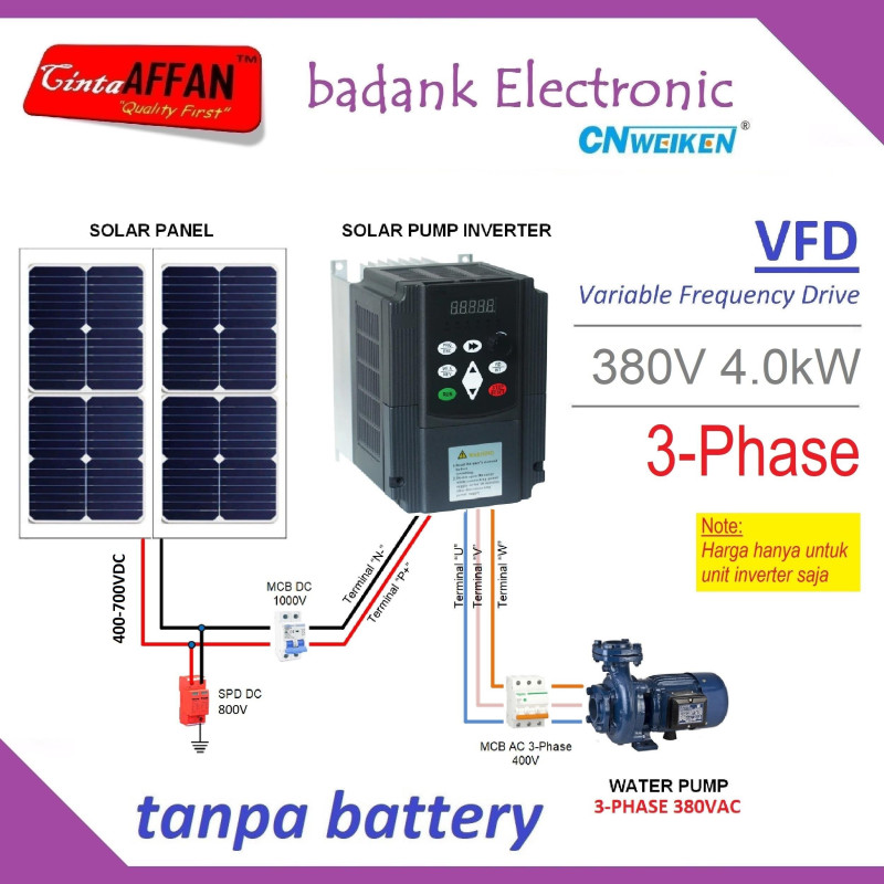 SOLAR WATER PUMP INVERTER 3-PHASE 4.0kW 5HP 8.5A OUTPUT 380VAC VFD